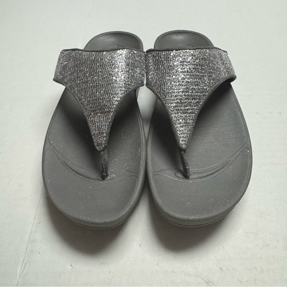 Fitflop Silver, Gray Lulu Superglitz Toe Post Slide Sandal Casual Womens Size: 8